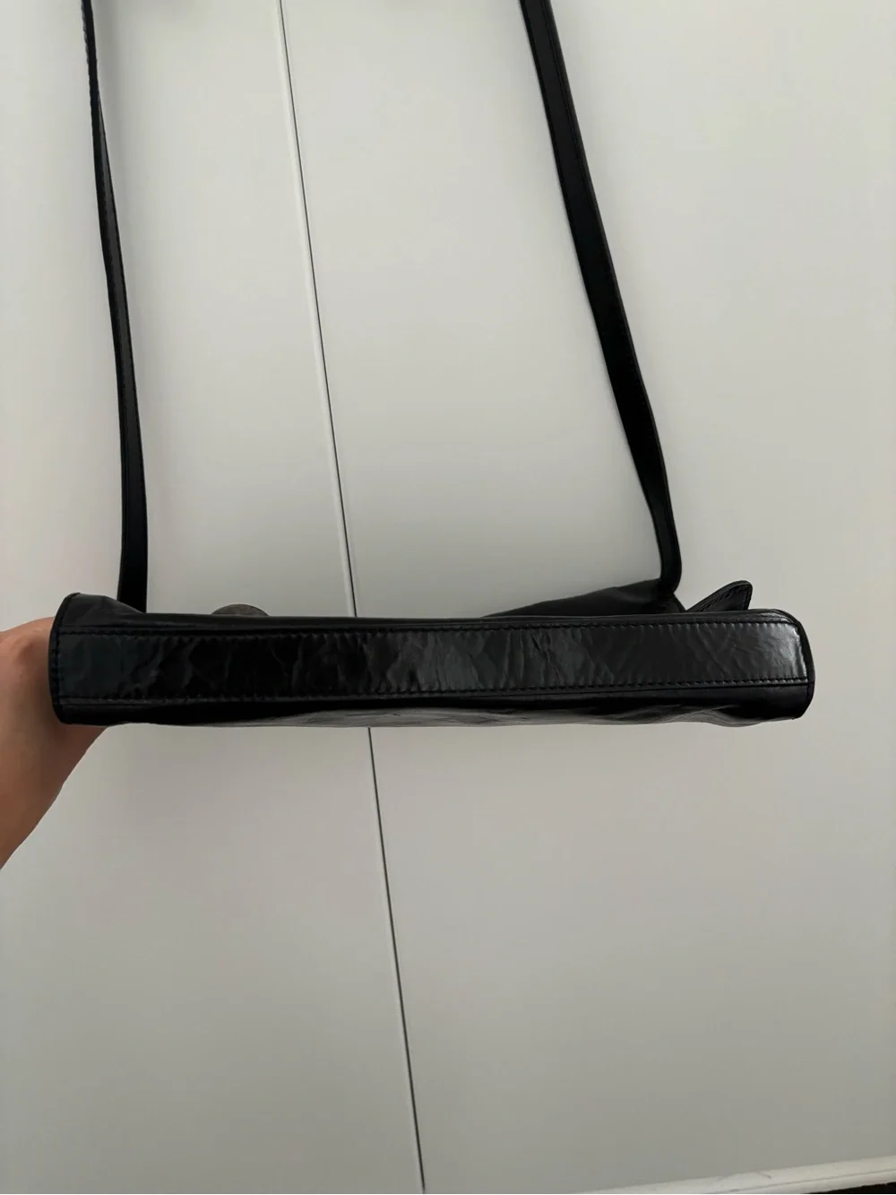 Miss Sixty Black Leather Messenger Bag with Metal Button Accents
